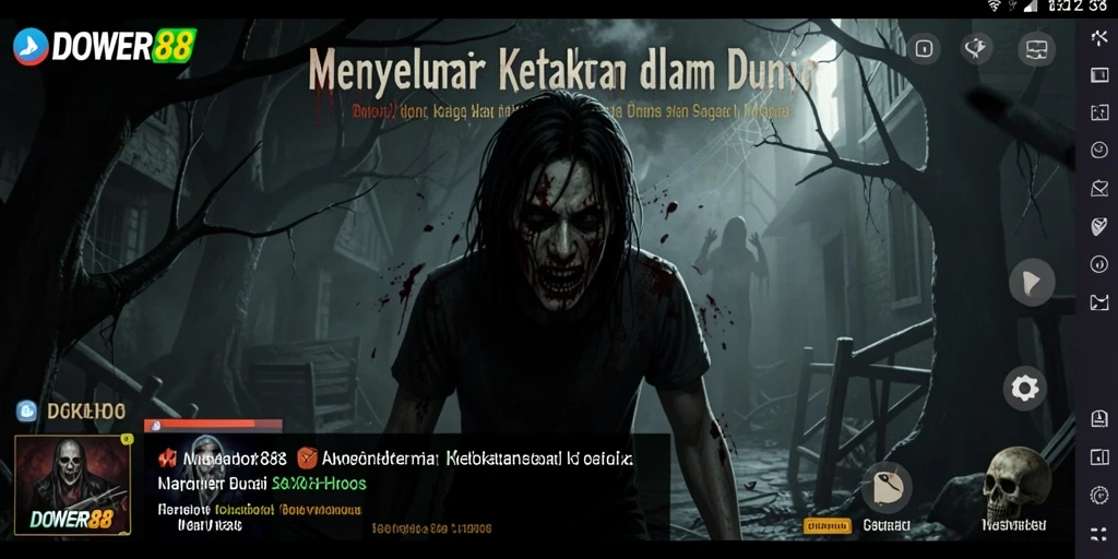 Screenshot gameplay DOWER88 menampilkan suasana mencekam di tempat gelap.