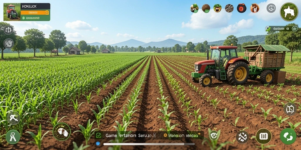 Tangkapan layar dari gameplay HOKILUCK yang menunjukkan kebun yang indah dan petani sedang bekerja.